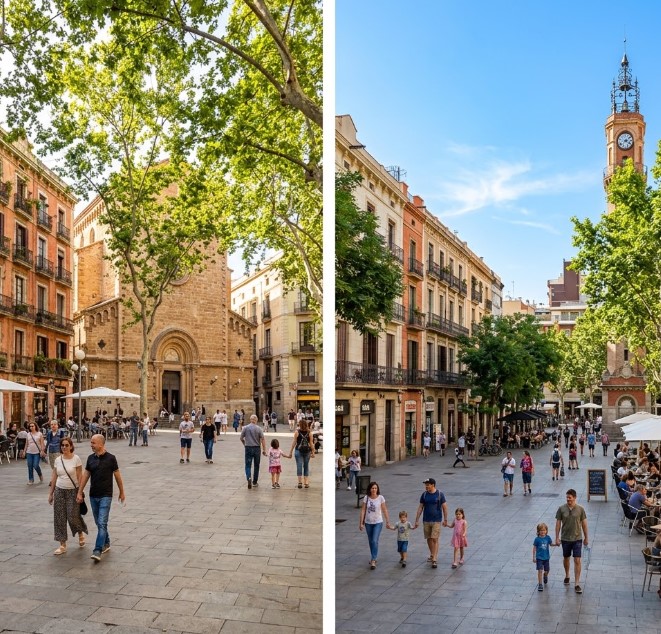 Vistas de las plazas, calles peatonales y el entramado residencial bohemio del barrio de Gràcia